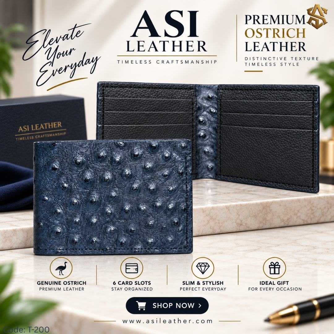 Ostrich Textured Genuine Leather Bi-Fold Wallet T:200