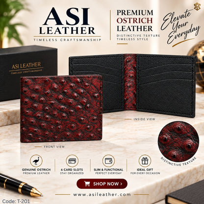 Ostrich Textured Genuine Leather Bi-Fold Wallet T:201