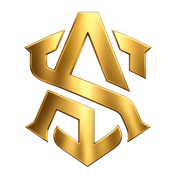 A stylized metallic gold emblem or logo with a bold, geometric, 3D-effect design on a plain white background.